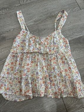 Tiered Floral Spaghetti-Strap Tank Top - White with Orange & Lavender Flowers